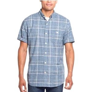 Weatherproof Men Shirt Linen Cotton Blend Short Sleeve Blue White Size Medium